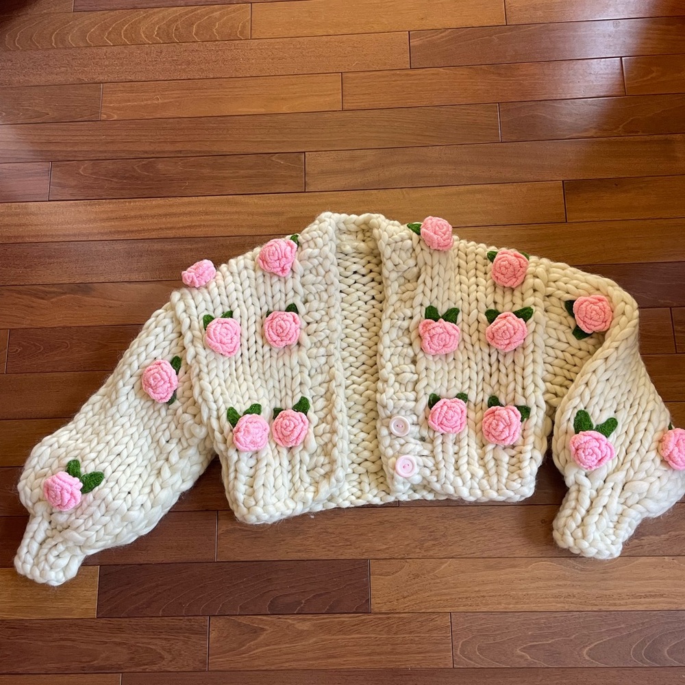 Hand Knit Pink Rose Cardigan